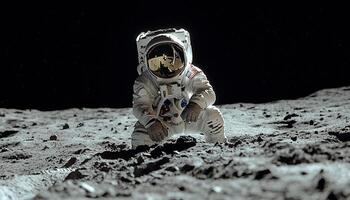 Astronaut in space suit exploring dark galaxy night generated by AI photo