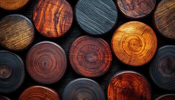 Timber stack in forest, circle pattern, wood industry generated by AI photo