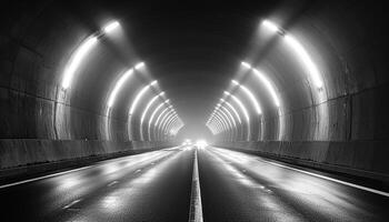 Diminishing perspective underground transportation at night, dark speed generated by AI photo