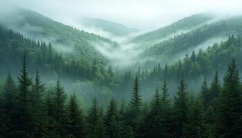 Majestic mountain peak in fog, beauty in nature generated by AI photo