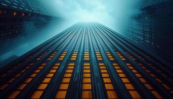 Glowing cityscape, vanishing point, futuristic architecture, modern technology generated by AI photo