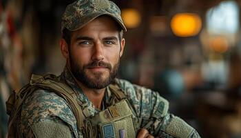 Confident man in army uniform looking at camera generated by AI photo