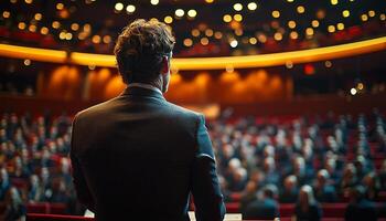 Businessman standing on stage, audience watching with anticipation generated by AI photo