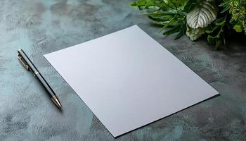 Wooden desk with blank paper, pencil, and plant generated by AI photo
