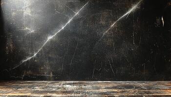 Old wooden table against dirty wall in empty room generated by AI photo