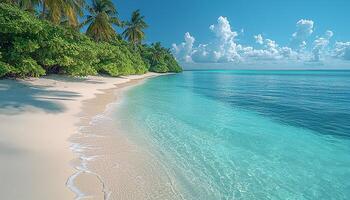 Tropical climate, turquoise waters, palm trees, sandy beaches generated by AI photo