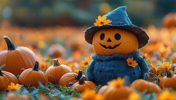 Smiling pumpkin decoration in autumn celebration, orange colors generated by AI photo