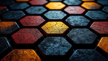 Bright geometric shapes illuminate modern stained glass window generated by AI photo