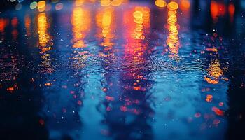 Dark night reflection on wet water surface glowing generated by AI photo