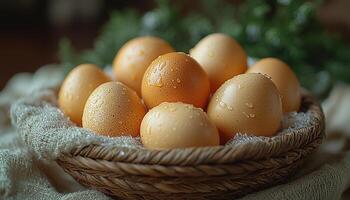 Easter celebration with colorful eggs in rustic basket generated by AI photo