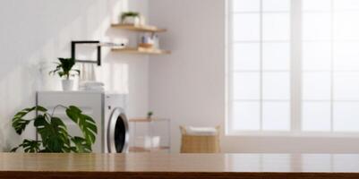 A 3D render of a bright modern laundry room featuring eco-friendly features and natural elements, showcasing trends in sustainable home design. photo