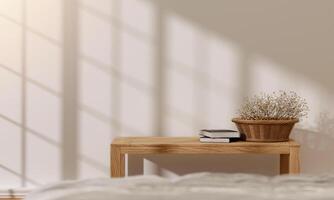 Minimalist Bedroom Decor with Wooden Table and Natural Light 3D Render photo