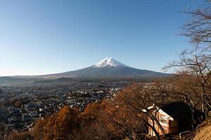 Panoramic View of Mount Fuji with Autumn Trees and Traditional Shrine photo