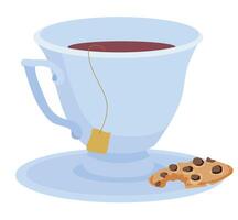 White porcelain cup with tea and bitten cookie on saucer. illustration. vector
