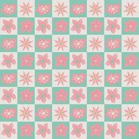 Geometric pattern with pink flowers and stars in light green and beige cells. Seamless pattern. vector