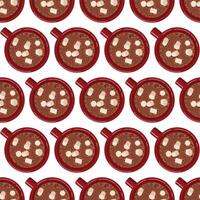 Red mug with hot chocolate and marshmallow. Hot drink. The concept of warmth and comfort in the cold season. Seamless pattern. vector