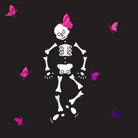 Skeleton dancing. He has a live butterfly sitting on his skull. Butterflies are flying around. Picture for Halloween and Mexican Day of the Dead. illustration on a black background. vector
