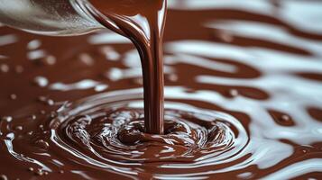 Rich chocolate cascades into a swirling pool, highlighting its velvety texture and allure photo