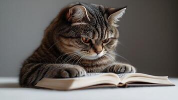 A striped cat intently studies the pages of an open book indoors photo