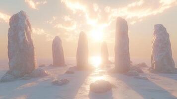 Sunrise illuminates a mystical stone circle, casting long shadows on the snowy ground photo