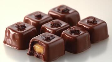 Eight luscious chocolate candies reveal rich caramel filling in a delightful display photo