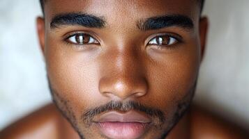 A young man with deep brown eyes and smooth skin creates a powerful connection photo