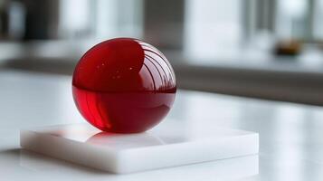 The striking red orb captures light beautifully, creating reflections on a white surface photo