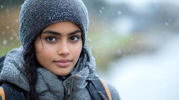 A girl in warm clothes gazes thoughtfully as snowflakes fall gently photo