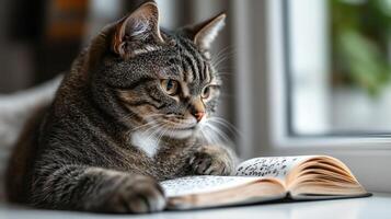 A playful feline studies an open book, basking in warm sunlight by the window photo