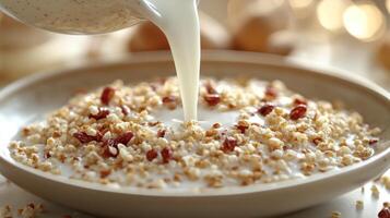 Warm cereal blend being enhanced by pouring fresh milk, creating a delightful breakfast photo