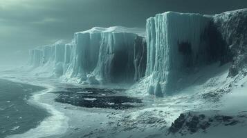 A vast expanse of icy cliffs meets a quiet shoreline, evoking a sense of calmness photo