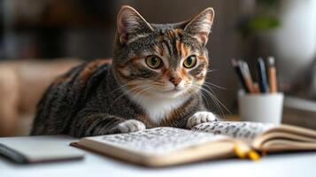 A playful tabby cat curiously watches an open book on a bright desk photo