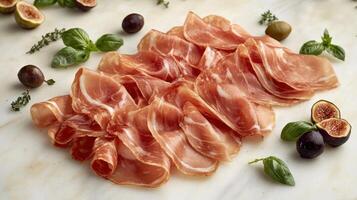 Delicate slices of cured meat elegantly displayed with fresh herbs and figs nearby photo