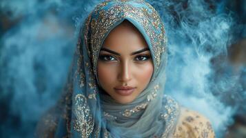 A captivating woman appears enveloped in soft blue smoke, elegantly adorned and serene photo