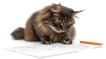 A fluffy cat examines a page of complex patterns while a pencil rests nearby photo