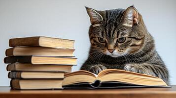 A cat sits attentively, examining a book, amidst a stack of literature photo