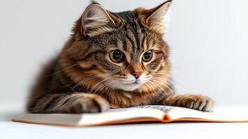 The fluffy tabby cat focuses on the pages of an open book, exploring its surroundings photo