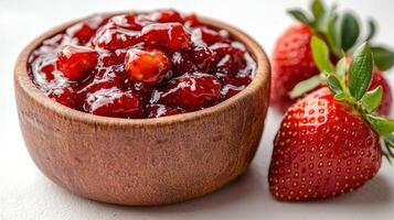 A vibrant bowl of rich strawberry jam displayed with fresh strawberries nearby photo