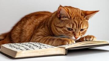 The ginger cat is deeply focused on the book lying before it, paws touching the pages photo