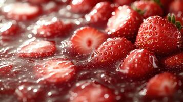 Sliced strawberries float in a luscious red sauce, inviting sweet indulgence photo
