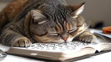 A content cat rests its head on an open puzzle book, enjoying a peaceful moment photo