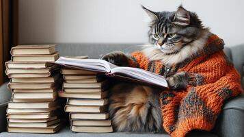 A fluffy cat, wrapped in a vibrant sweater, curiously reads a book amid book stacks photo