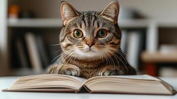 A playful tabby cat studies an open book, surrounded by a warm, inviting atmosphere photo