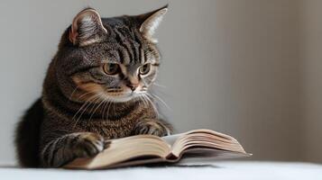 The cat seems captivated by the open book, gazing thoughtfully at its pages photo