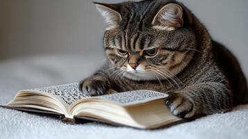 A focused cat explores the pages of a book with great curiosity and attention photo