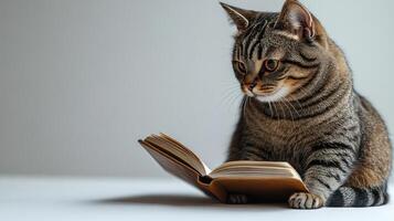 A tabby cat gazes with curiosity at a book, lost in thought and wonder photo
