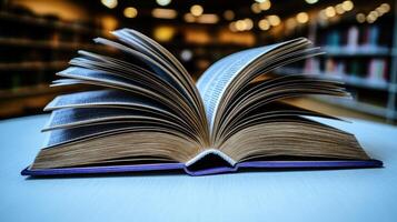 An open book showcases its pages, inviting readers in a warm library atmosphere photo