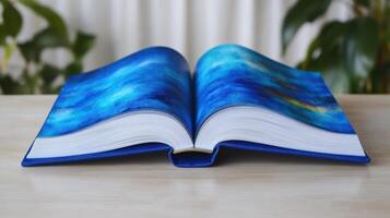 The open book showcases an artistic blue design, inviting curiosity and contemplation photo