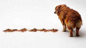 A fluffy dog inspects the trail of crumbs left behind on a clean floor photo