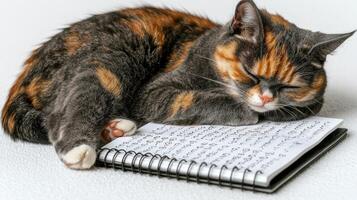 A sleepy cat rests gently on an open notepad, creating a serene moment of tranquility photo